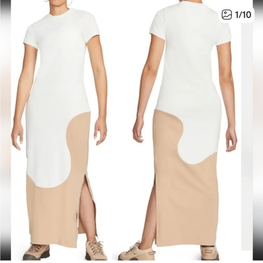 Nike Natural Sportswear Color Clash Maxi Dress White Tan Large